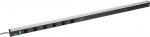 Preview: The image shows a black power strip with several (in this case five) outlets, a green button, and a sleek, metallic casing. It is long and flat.