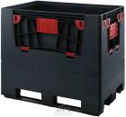 Preview: The image description shows a black plastic crate with red elements. It has closed sides and openings on the sides for handles. The crate is sturdy and rectangular.