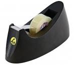 Preview: The image shows a black tape dispenser holding a roll of transparent adhesive tape. The dispenser has a slightly rounded shape and a beveled edge for easy tearing.