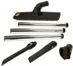 Preview: The image displays various vacuum cleaner attachments: a large nozzle with bristles, three metallic tubes, a narrow nozzle, and a brush. All parts are in black and silver.