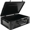 Preview: Das Bild zeigt eine schwarze, robuste Aufbewahrungsbox mit einem aufklappbaren Deckel. Die Box hat seitliche Griffe für leichteren Transport und ist stabil gestaltet.