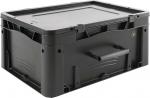 Preview: Die Box ist rechteckig und aus robustem, schwarzem Kunststoff gefertigt. Sie hat einen flachen Deckel und seitliche Griffmulden für einfaches Tragen. Ideal zum Verstauen.