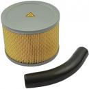 Preview: The image shows a round air filter with a gray upper rim and a yellow, pleated filter element, surrounded by a wire-like mesh. Next to it lies a curved, black hose.