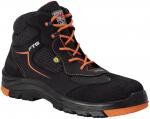 Preview: The shoe is a black hiking boot with orange laces and a sturdy sole. It has a high shape that supports the ankle, and is made from a mix of textile and leather.
