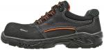Preview: The shoe is black with orange accents. It has a round, reinforced toe cap, a non-slip sole, and laces. The surface features some texture details and ventilation elements.