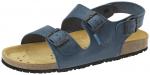 Preview: The image shows a blue sandal with three straps, each adjustable by two buckles. The sole is made of light, cork-like material and has small holes.