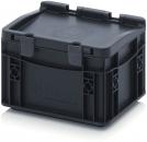 Preview: Das Bild zeigt eine schwarze, quadratische Box aus Kunststoff. Sie hat einen flachen Deckel, zwei Verschlüsse an der Vorderseite und strukturierte Seiten für Stabilität.