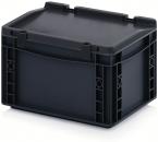 Preview: Es handelt sich um eine schwarze Kunststoffbox mit einem flachen Deckel. Die Box hat seitliche Griffe und zwei Verschlüsse an der Oberseite, die den Deckel sichern. Sie ist rechteckig und stabil.