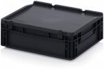 Preview: Das Bild zeigt eine quadratische, schwarze Kunststoffbox mit einem flachen Deckel. An den Seiten sind Griffe und Verbindungsstellen zu sehen. Die Box hat abgerundete Ecken und ist stabil.