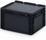 Preview: Das Bild zeigt eine schwarze, rechteckige Kunststoffkiste mit einem flachen Deckel. Sie hat seitliche Griffe und eine stabile, klare Form, ideal zur Aufbewahrung von Gegenständen.