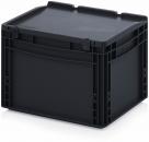 Preview: Auf dem Bild ist eine schwarze, quadratische Kunststoffbox mit einem flachen Deckel. Sie hat Seitenwände mit eingravierten Mustern und Griffen an den Seiten zum Tragen.