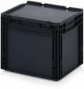Preview: Es handelt sich um eine quadratische, schwarze Kunststoffbox mit einem flachen Deckel. Die Kanten sind leicht abgerundet, und die Oberseite hat zwei kleine Griffe. Sie wirkt stabil und funktional.