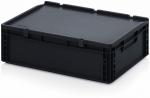 Preview: Die Abbildung zeigt eine rechteckige, flache Box aus schwarzem Kunststoff mit einem schlichten, glatten Deckel. An den Seiten befinden sich praktische Griffe zum Tragen.