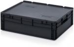 Preview: Das Bild zeigt eine rechteckige, schwarze Kunststoffbox mit einem flachen, stabilen Deckel. Die Seiten sind glatt, mit Lufteinlasslöchern und einem robusten Design zum Stapeln geeignet.