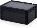 Preview: Das Bild zeigt eine schwarze, rechteckige Kunststoffbox mit stabilen Wänden und einem flachen Deckel. Sie hat eine praktische und robuste Bauweise, ideal zur Aufbewahrung.