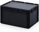 Preview: Das Bild zeigt eine schwarze Kunststoffbox. Sie hat eine rechteckige Form mit stabilen Seitenwänden und einem flachen Deckel. Die Box wirkt robust und hat seitliche Griffe.