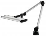 Preview: The image shows a modern desk lamp with a long, adjustable arm. The lampshade is flat and elongated, in silver color, attached to a sturdy base.