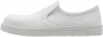 Preview: Der Schuh ist ein weißer Slipper mit flacher Sohle und einem über den Spann verlaufenden, elastischen Einsatz. Er hat keine Schnürung und wirkt schlicht und bequem.