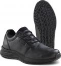 Preview: Das Bild zeigt einen schwarzen Schuh aus Leder mit Schnürsenkeln und einer griffigen Gummisohle. Der Schuh hat eine klare, sportive Form und eine bequeme Sohle für Alltag und Freizeit.