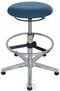 Preview: The stool has a round, padded seat in blue and an adjustable height. Its base is made of shiny metal with five casters and a round foot ring.