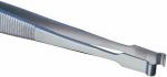Preview: The image shows a silver metal tweezer with flat, pointed tips. The grip areas are ridged for better hold. It is narrow and slightly curved.