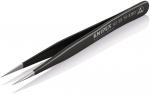 Preview: The image shows a black tweezer with narrow, pointed tips and a polished, smooth-looking surface. The brand 