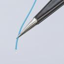 Preview: The image shows a fine, blue wire line being held by a sharp pair of pliers. The wire is slightly bent and visible at its end. The background is bright and solid-colored.