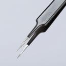 Preview: The image displays a fine tweezer with two narrow, pointed tips. It features a black handle and shiny, metallic tips. The tweezer appears precise and suitable for delicate tasks.