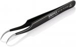 Preview: The image shows a black stainless steel tweezer with slightly curved tips. It has a smooth surface and the brand 