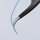 Preview: The image shows a pair of tweezers with a black handle. It is holding a thin blue wire that is slightly bent. The background is light and unobtrusive.