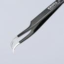 Preview: The image shows a sharp, metallic tweezer with two curved tips. It is painted black and has the inscription “KNIPEX” on one side.