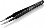 Preview: The image displays a black stainless steel tweezer with two pointed tips. On the side, the brand name 