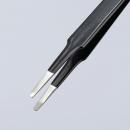 Preview: The image shows a black tweezer with flat, metallic tips. The tips are narrow and slightly curved, ideal for grasping small objects. The background is light and neutral.