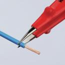Preview: In the image, there is a red pair of pliers gripping a blue wire. The wire is partially stripped, and copper wires are visible underneath.
