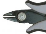 Preview: The image shows a part of a pair of pliers. The pliers have black and gray rubber grips and a narrow, pointed cutting edge that is used for cutting or gripping.