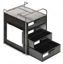 Preview: The image shows a compact, black filing cabinet with four drawers. There is a flat opening at the top, followed by three drawers in ascending size below it. The cabinet has a wire frame.