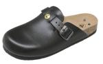 Preview: Der Schuh ist ein schwarzer Clog aus Leder mit einem breiten, flachen Fußbett. Er hat einen verstellbaren Riemen mit einer goldenen Schnalle. Die Sohle ist dick und rutschfest.