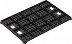 Preview: The image shows a black plastic plate with many small holes and rectangular protrusions. The plate is rectangular and has a textured design for stabilization.
