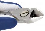 Preview: The image shows a metal pliers with blue grip areas. The ends of the pliers are sharp and have a specialized shape, ideal for cutting thin material.