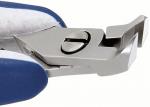 Preview: The image shows a metallic pair of pliers with blue handles. It has two gripping jaws that taper to a point. The top side is flat and features a round switch in the center.