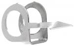 Preview: The image shows a small, silver metal clip. It has two circular openings and a flat, pointed tab on one side that is used for fastening.
