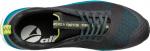 Preview: The shoe is black with blue and yellow accents. It has a sporty design, laces, and a grippy sole. Inside, a logo is visible. It appears lightweight and functional.