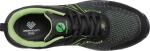 Preview: The image displays a sporty shoe made from black material with green accents. It features a breathable surface, laces, and a reinforced toe box. The insole reads 