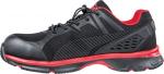 Preview: The shoe is lightweight and sporty, primarily black with red accents. It has a textured surface and breathable mesh inserts, ideal for outdoor activities.