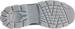 Preview: The image shows the underside of a sports shoe. The sole is gray with various tread patterns, including waves and grooves, as well as a stylized logo in the center.