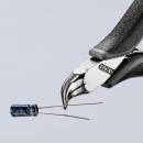 Preview: The image shows a precise pair of pliers with a shiny, pointed head holding a blue capacitor with two wire leads in front of it. The background is bright and minimalist.