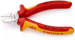 Preview: Die Zange hat rote und gelbe Griffe mit rutschfestem Material. Die Schneide ist silbern und spitz. Sie ist für elektrischen Gebrauch geeignet (1000 V) und trägt das KNIPEX-Logo.