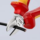 Preview: In the picture, there are two wire cutters. The blades are sharp and shiny, while the handles are red and yellow. They are cutting a thin, black wire in the middle.