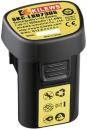 Preview: The image shows a black, rectangular battery with a yellow sticker. The sticker displays technical information and recycling symbols.