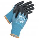 Preview: Das Bild zeigt ein Paar Arbeitshandschuhe. Sie haben eine schwarze Handfläche und Finger, während der Handrücken in einem hellen Blau gehalten ist. Am Handgelenk gibt es einen orangefarbenen Rand.